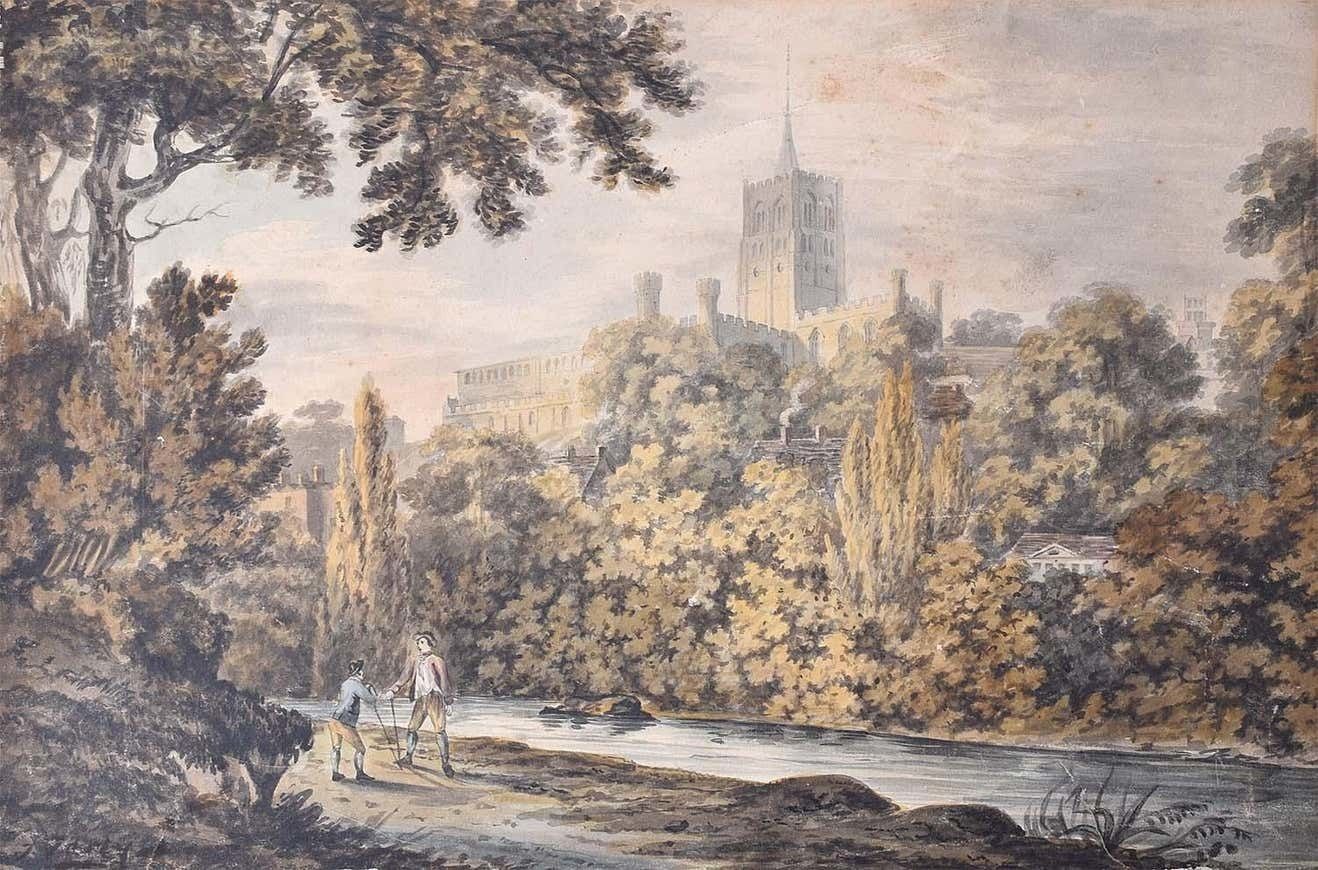 Unknown Prospect Of Durham From The River 19th Century Watercolour C.19th Century