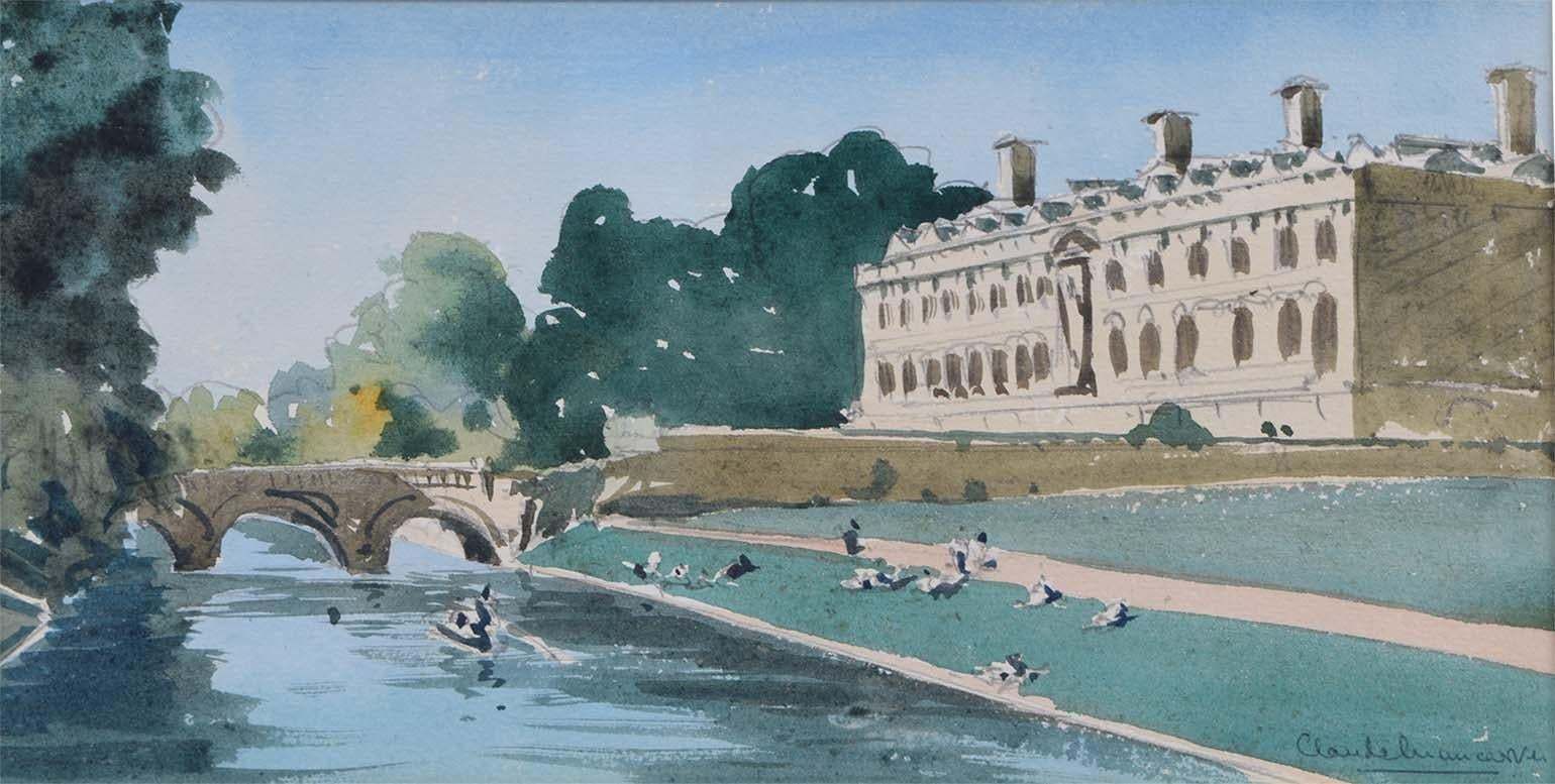 Claude Muncaster Clare College And River Cam Cambridge Watercolour Mid 20th Century