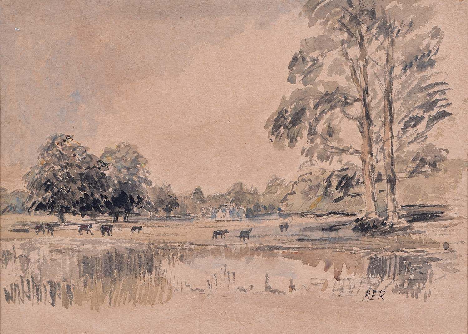 Prof Sir Albert Richardson Cows Grazing In Meadow Watercolour C20 Architect C.1960