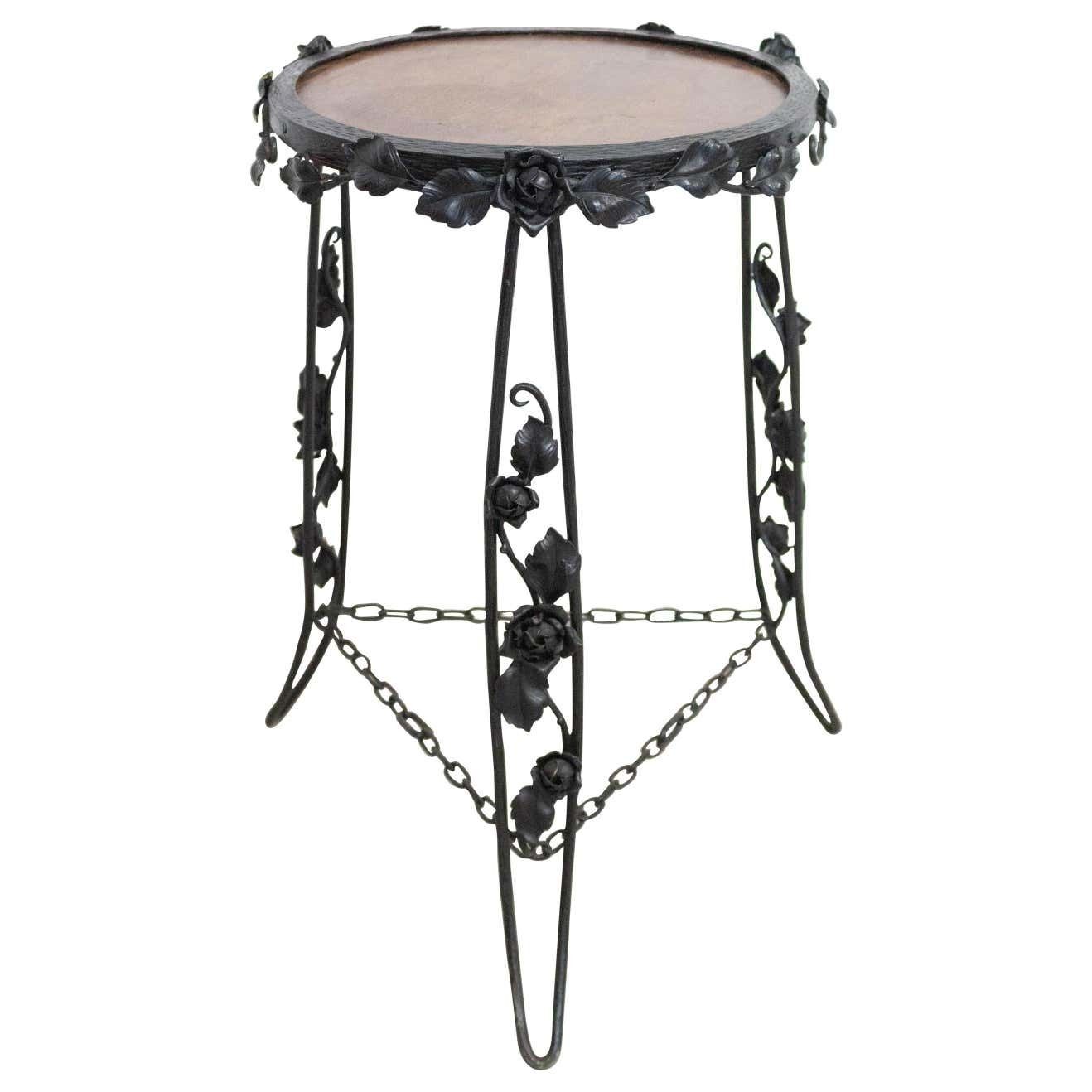 French Art Deco Sellette Or Plant Holder Wrought Iron And Wood, Circa 1930