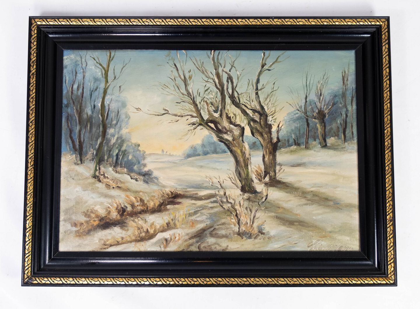 Oil Painting With Winter Motif And Black Painted Frame, With Unknown Signature From The 1920s.