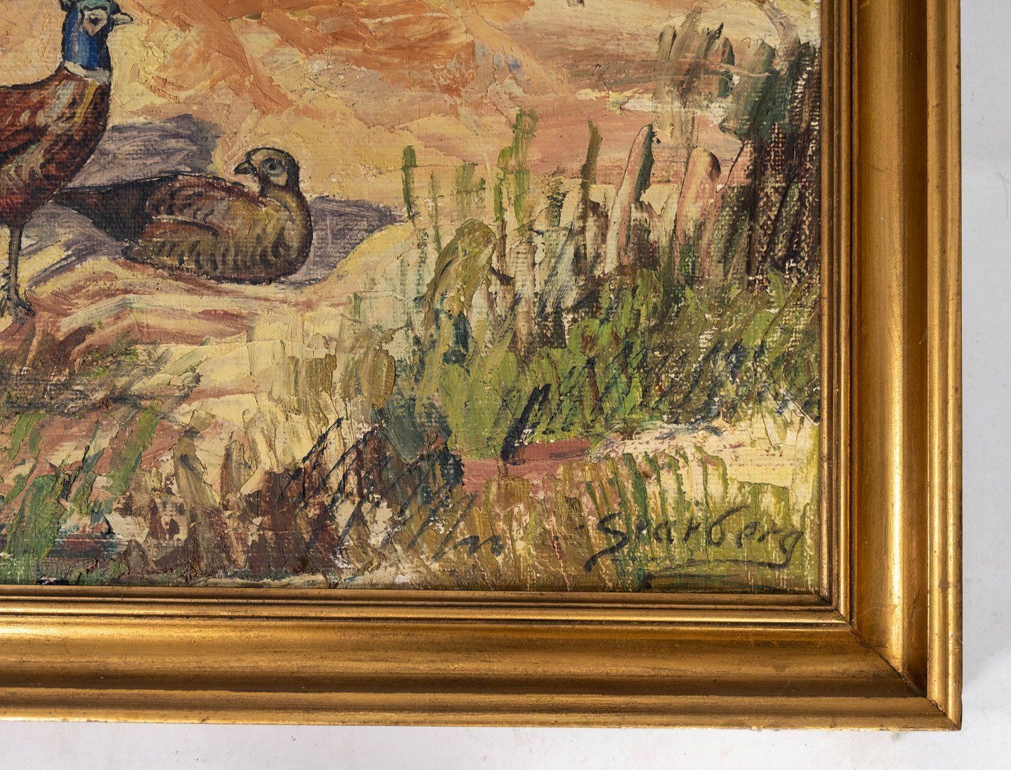 Oil Painting With Motif Of Pheasants And With Gilded Frame, With Unknown Signature From The 1930s. photo furniture