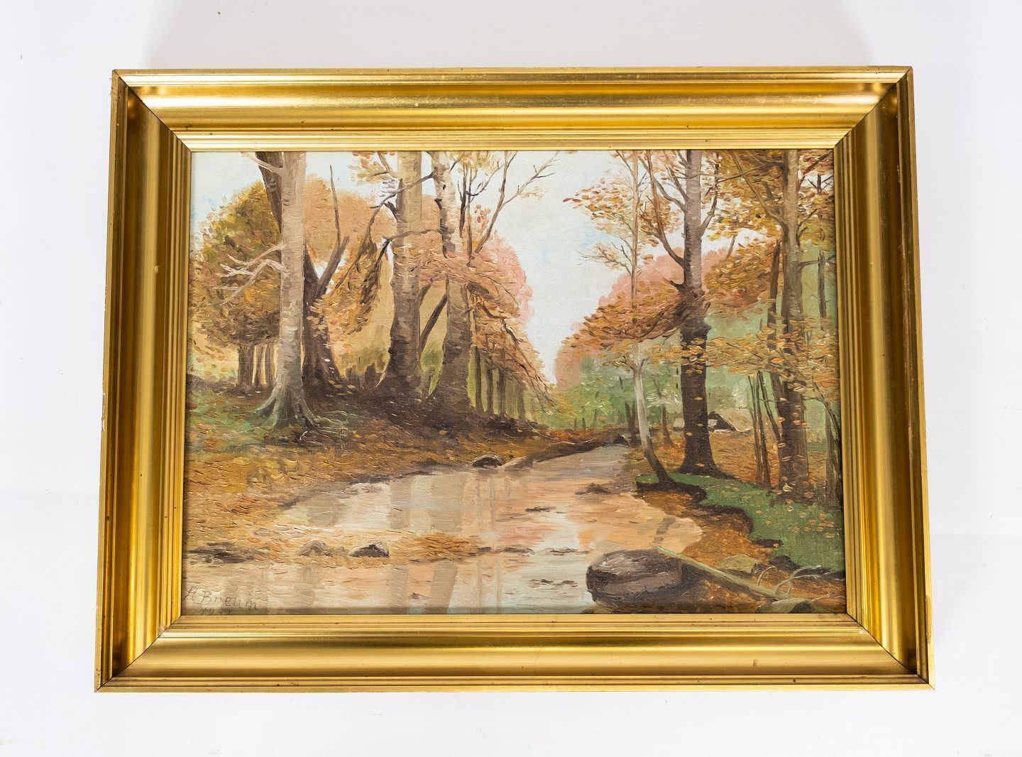Oil Painting With Motif Forest In Autumn And Gilded Frame. From The 1920s.