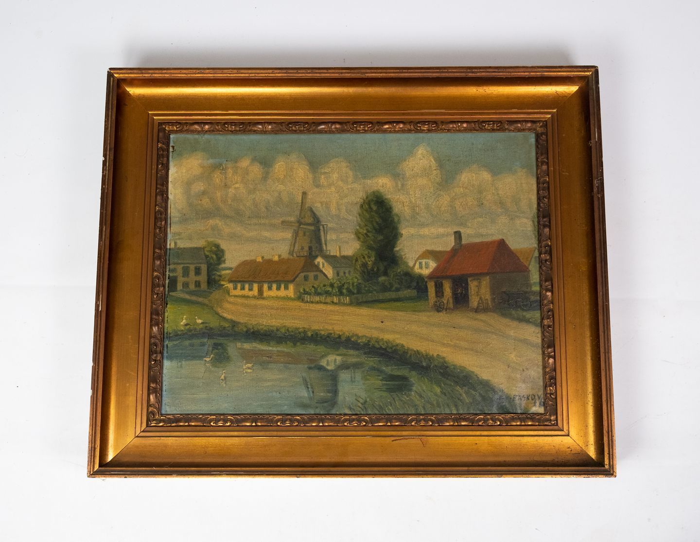 Oil Painting With Village Motif And Gilded Frame, Signed Erskov 16.
