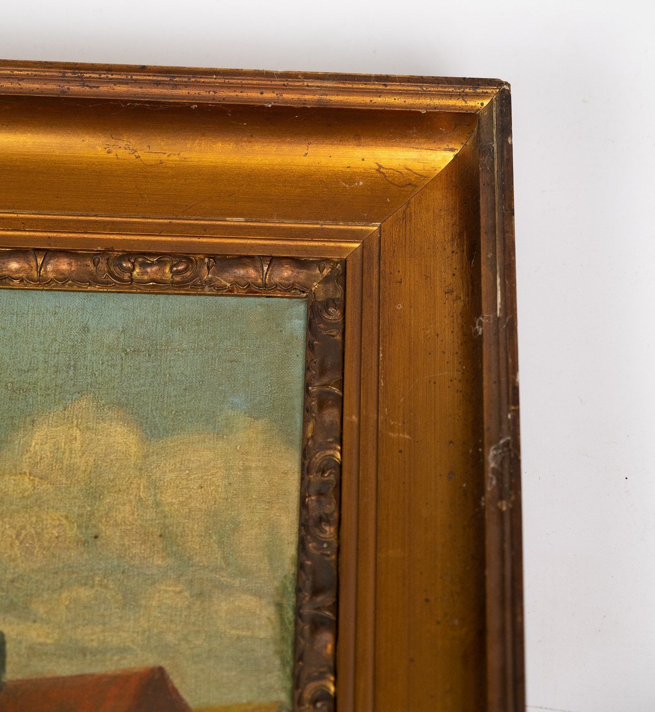 Oil Painting With Village Motif And Gilded Frame, Signed Erskov 16. photo Art