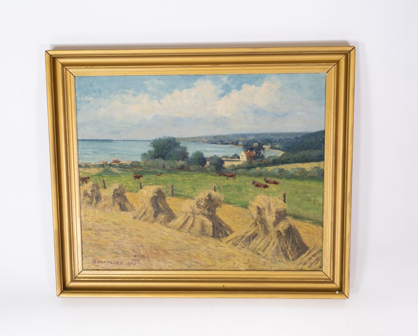 Oil Painting With Country Motif And Gilded Frame, Signed A. Toftlind 1950.