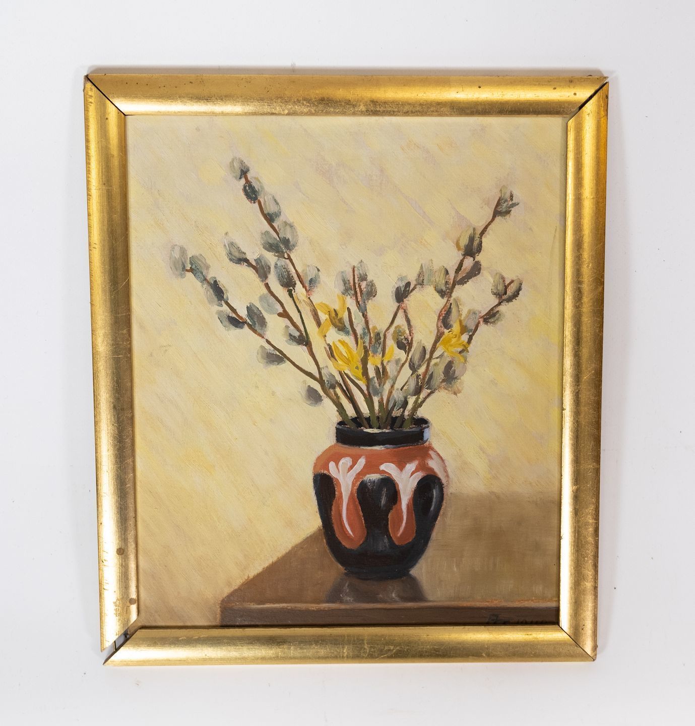 Painting Of Vase With Flowers, As Well As Gilded Frame From The 1940s.
