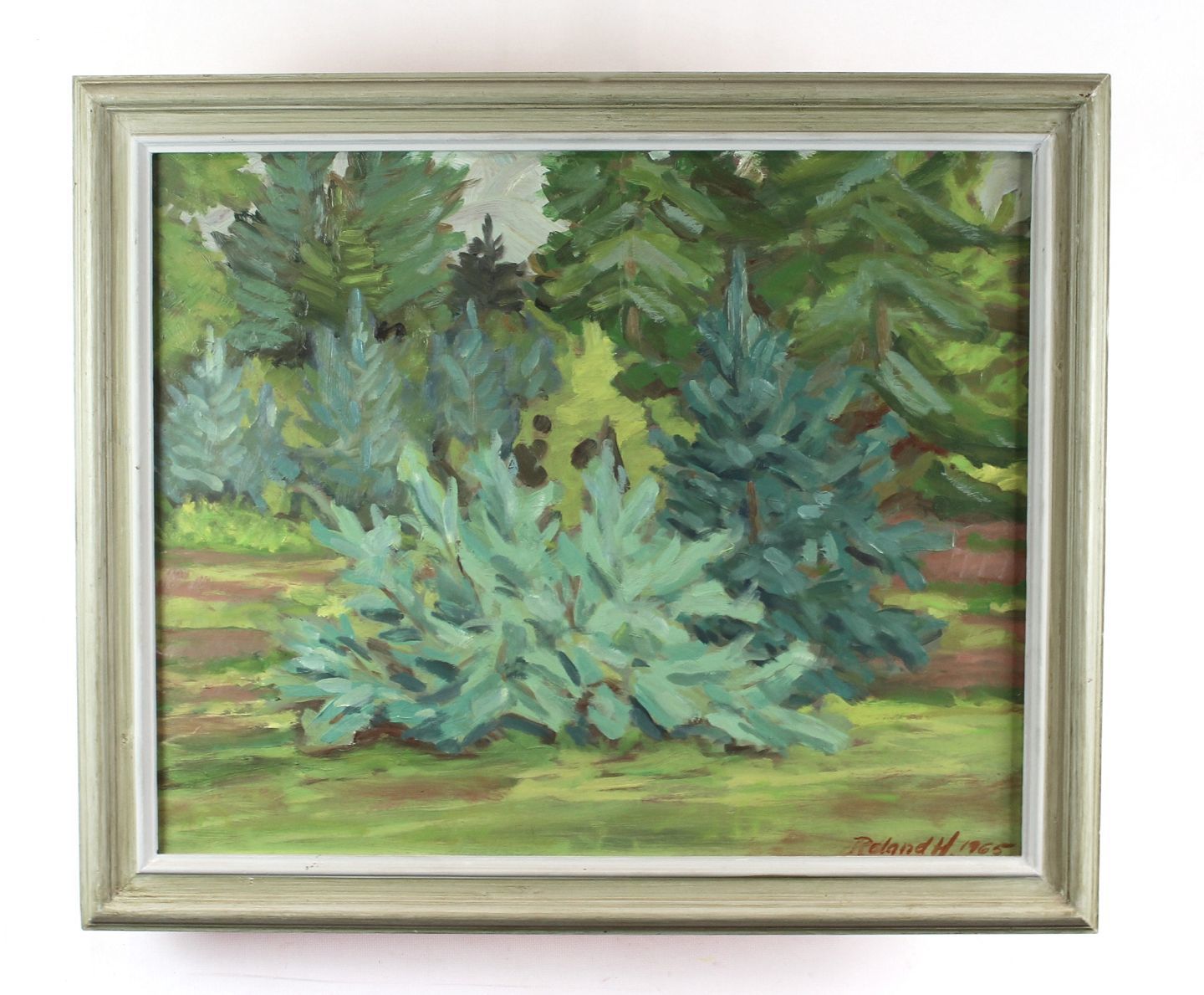 Oil Painting In Green Colors With Light Gray Wooden Frame Signed Roland H. 1965