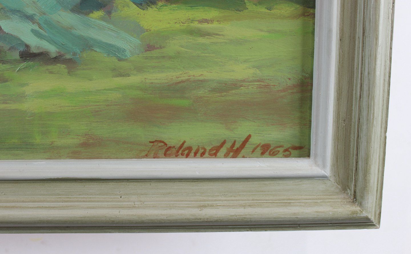 Oil Painting In Green Colors With Light Gray Wooden Frame Signed Roland H. 1965 photo for sale