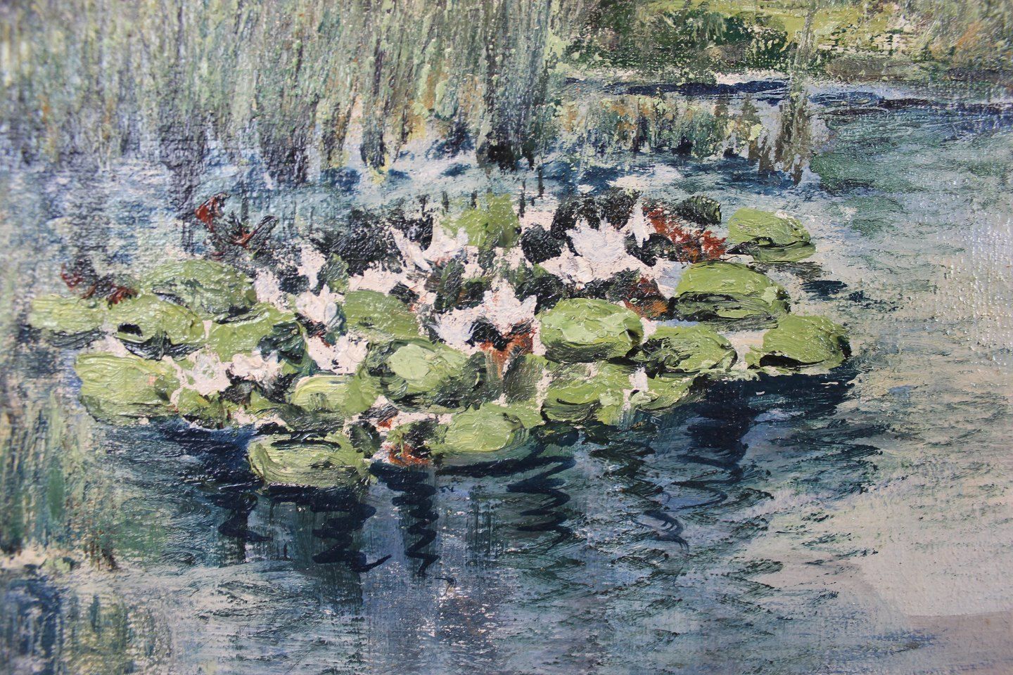 Painting In Shades Of Green Signed By Unknown Artist. photo furniture