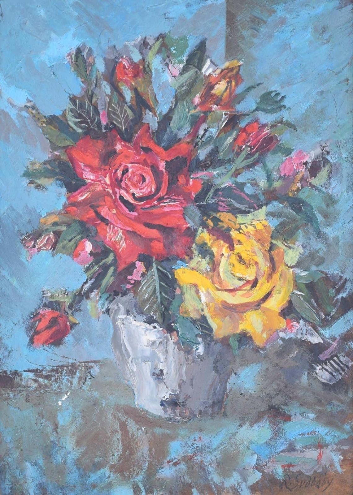 Rowland Suddaby, 'English Roses'    Framed Still Life Oil Painting (C.1850s) photo furniture