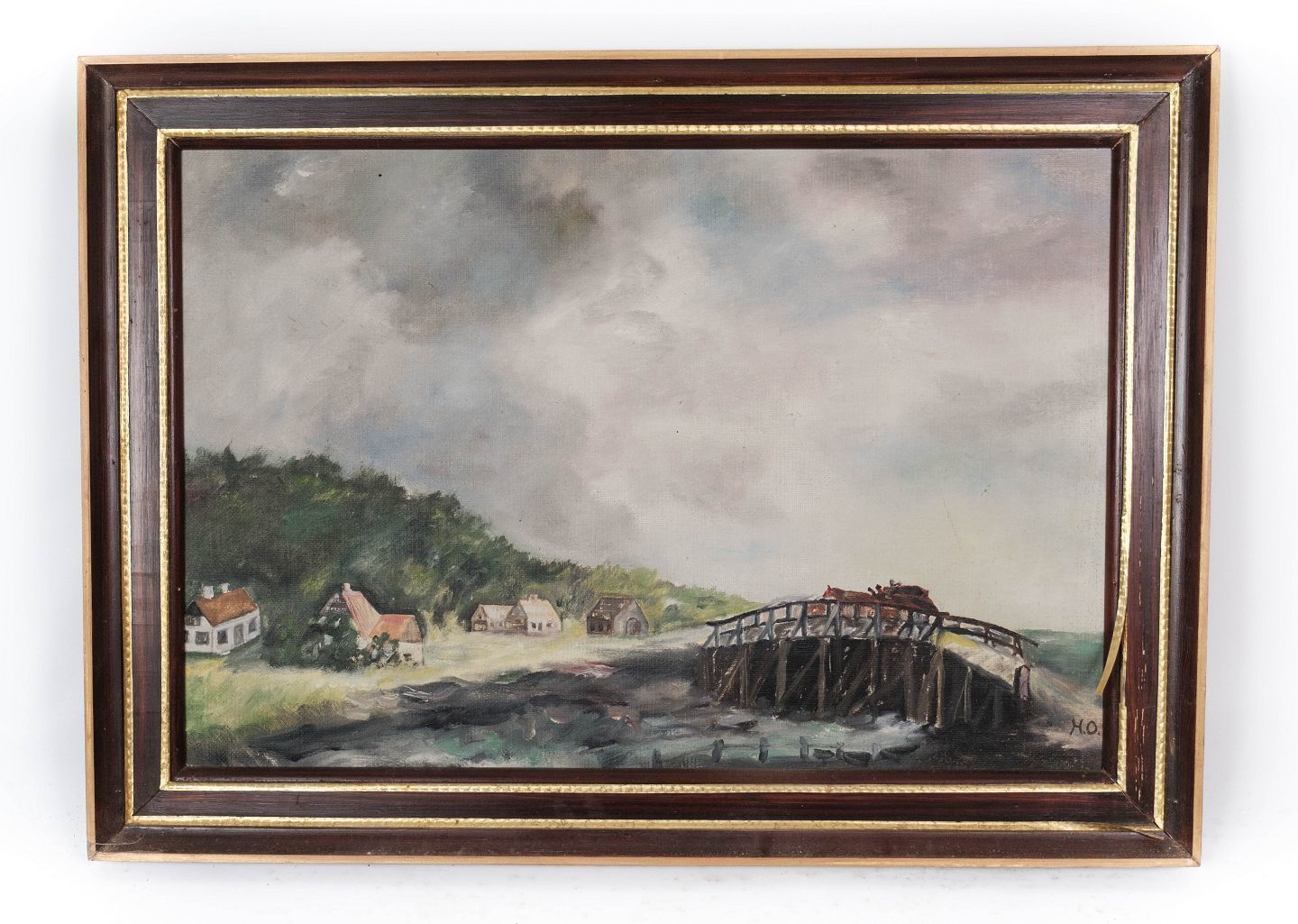 Painting On Canvas With Natural Motif And With Dark Wooden Frame, Signed H.O.