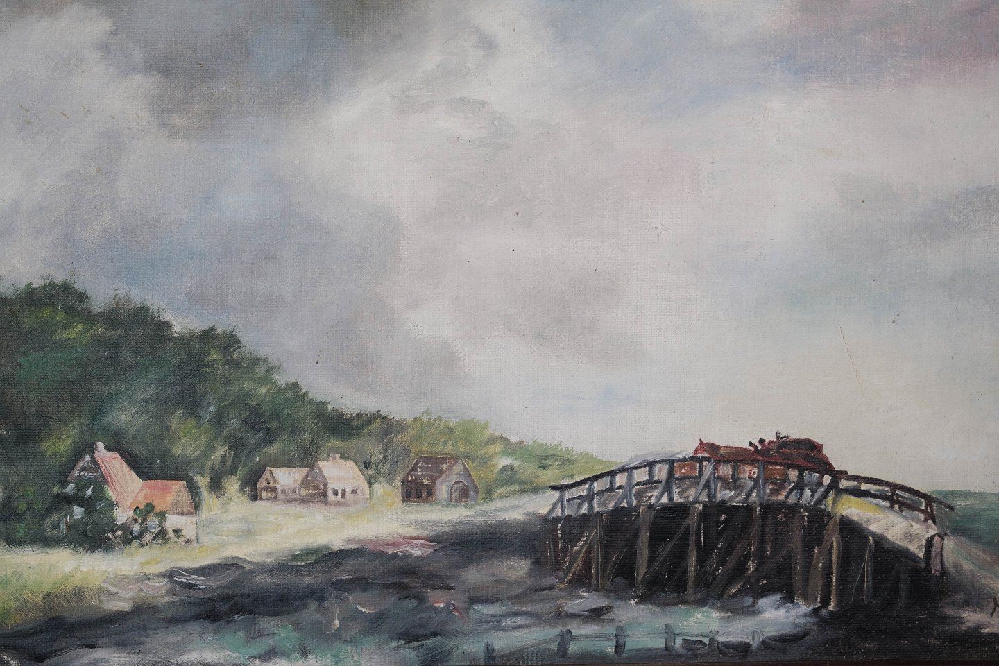 Painting On Canvas With Natural Motif And With Dark Wooden Frame, Signed H.O. photo furniture