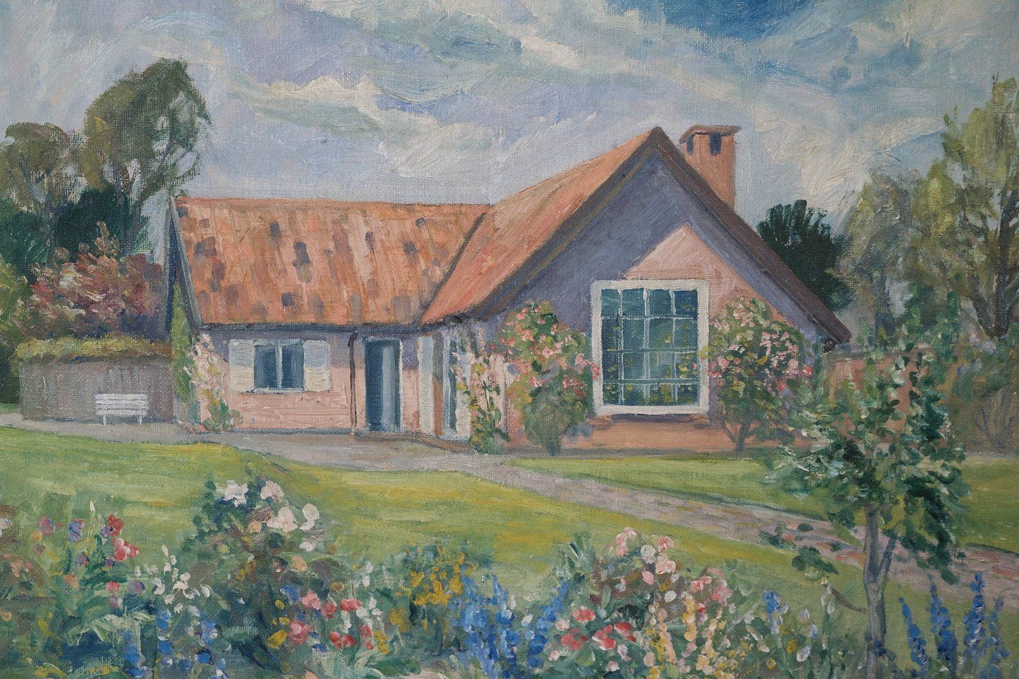 Oil Painting With Motif Of House And Light Frame From Around 1920. photo furniture