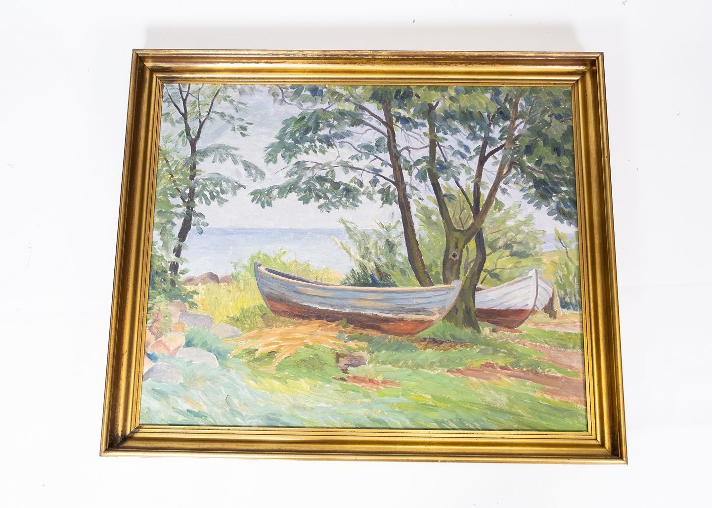 Oil Painting With Motif Of Rowboats And With Gilded Frame From The 1920s.
