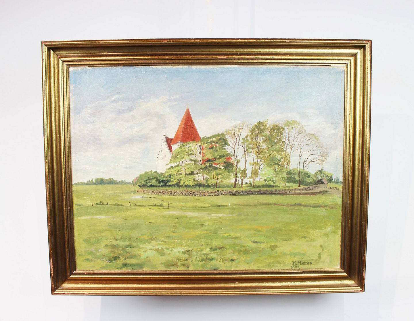Oil Painting With Motif Of Church Signed By H. Madsen In 1923.