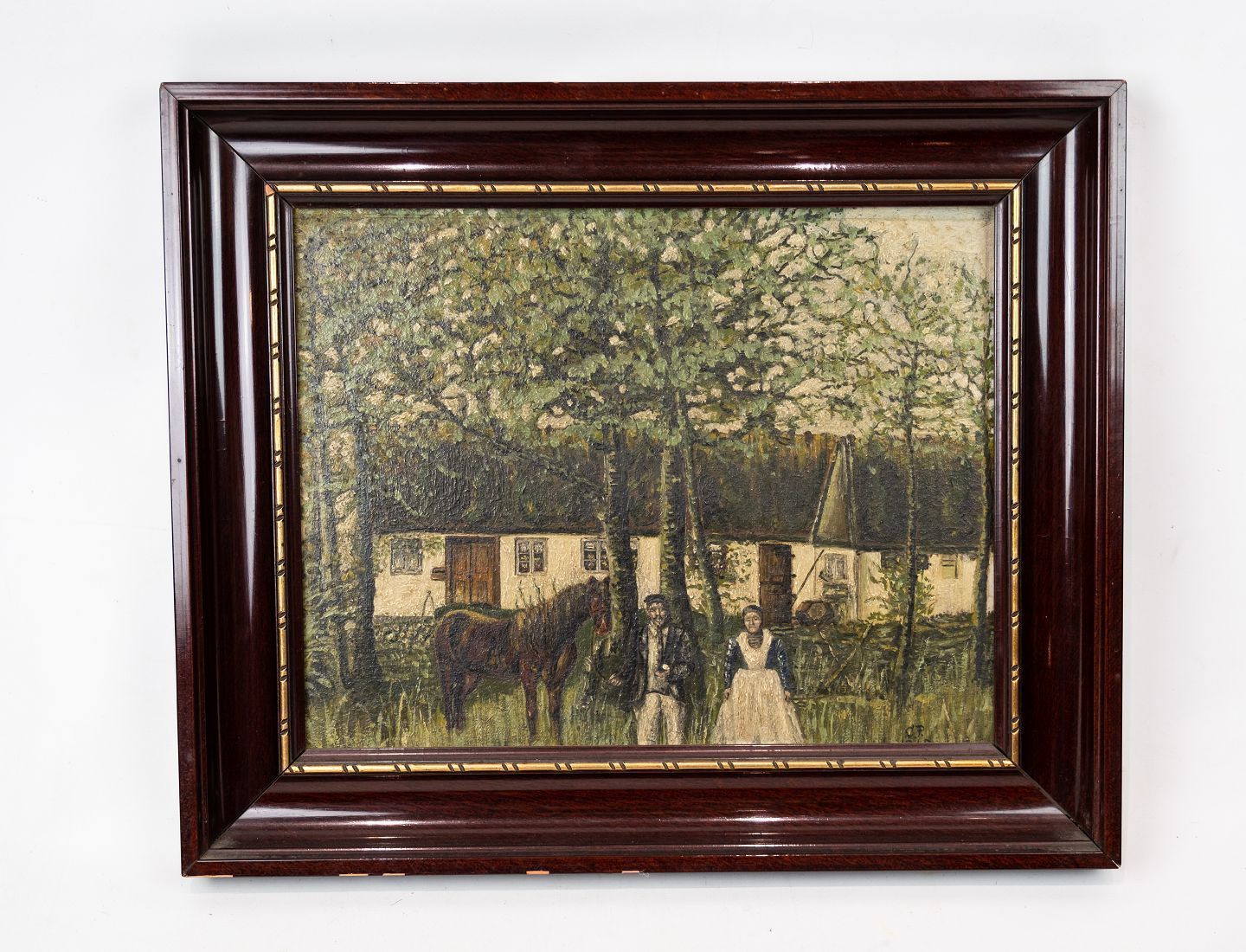 Oil Painting With Yard Motif And Dark Wooden Frame, From 1915.