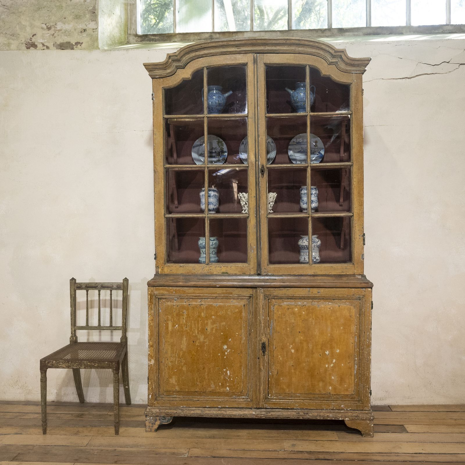 18th Century Dutch Dry Scraped Glazed Vitrine Cabinet