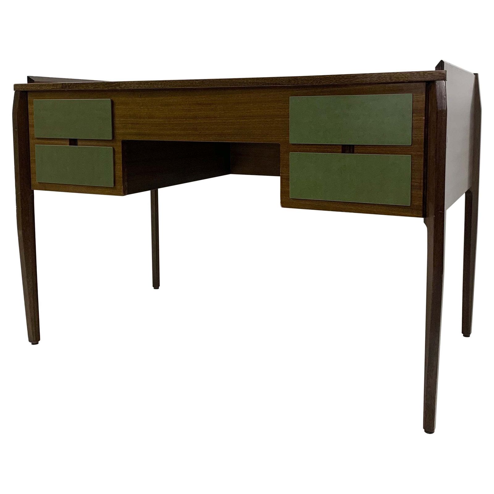 Mid Century Modern Wooden Italian Desk With 4 Green Drawers