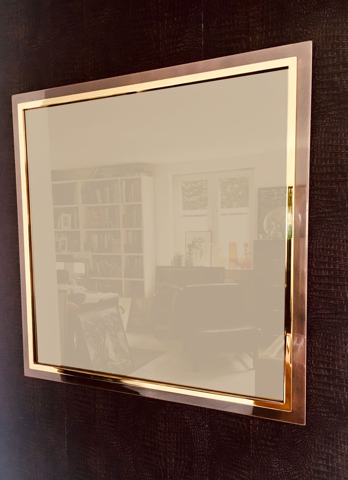 Postmodern Design Xl Vierkante Bronzen Spiegel Van Belgo Chrom, België, Jaren 1980 photo Woonaccessoires