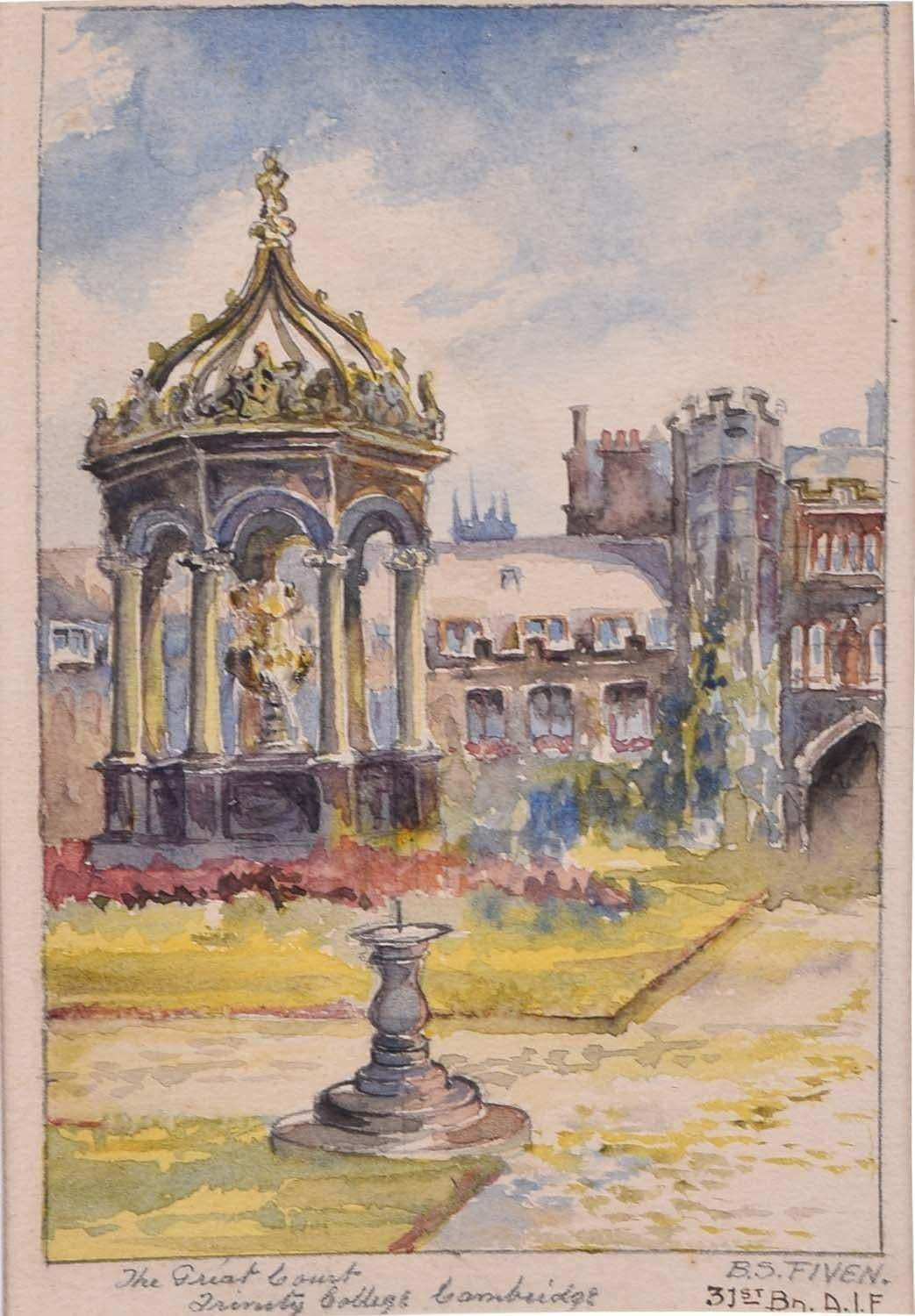 B.L.Fiven Great Court Trinity College Cambridge Watercolour By B.S. Fiven Fountain (C.1917)