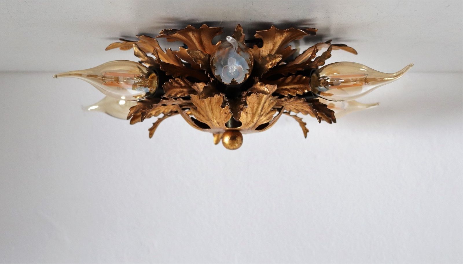 Italian Mid Century Flush Mount Light Or Ceiling Lamp In Metal With Gilt Leaves For 6 Light Bulbs By Banci Florence, 1970s photo Lighting