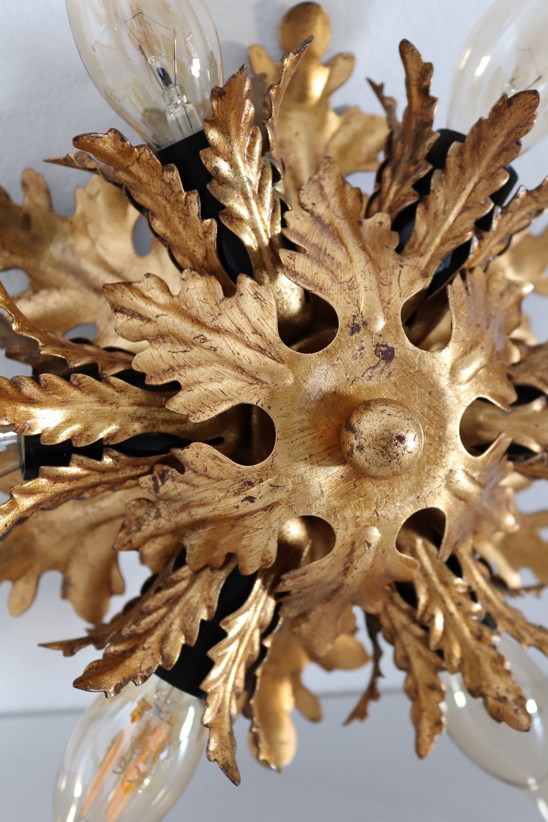 Italian Mid Century Flush Mount Light Or Ceiling Lamp In Metal With Gilt Leaves For 6 Light Bulbs By Banci Florence, 1970s photo buy