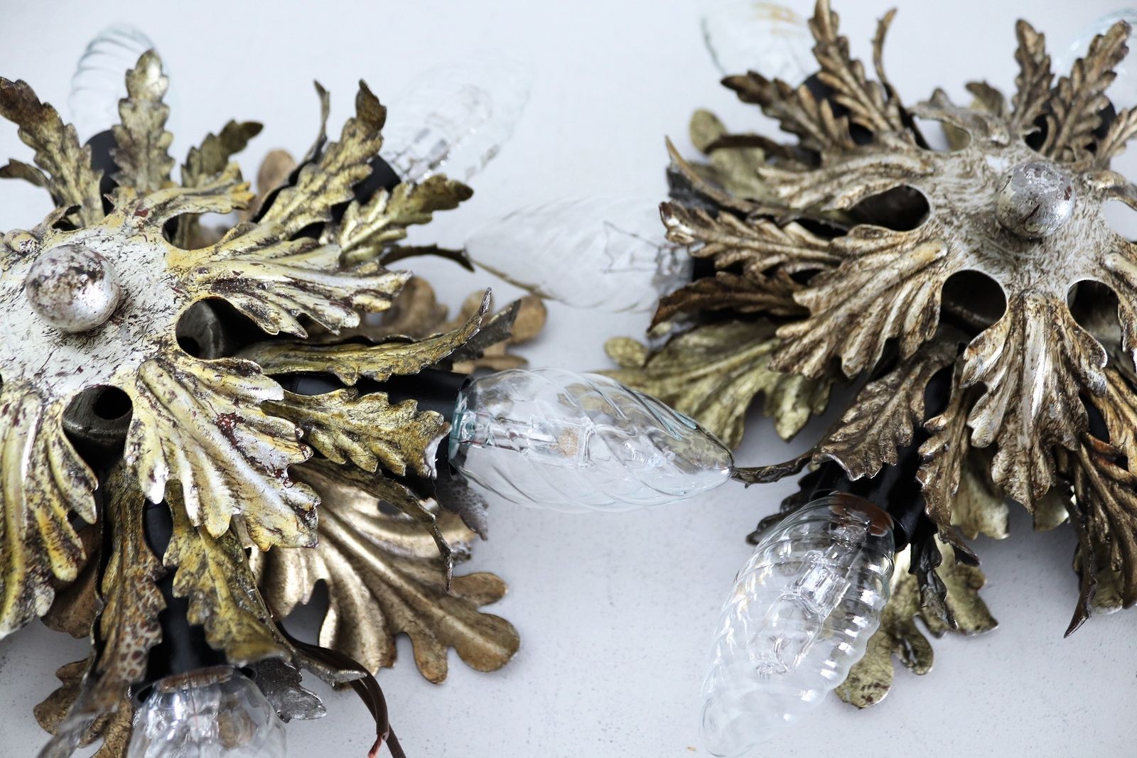 Italian Mid Century Flush Mount Light Or Ceiling Lamp In Metal With Gilt Leaves For 6 Light Bulbs By Banci Florence, 1970s, Set Of 2 photo vintage