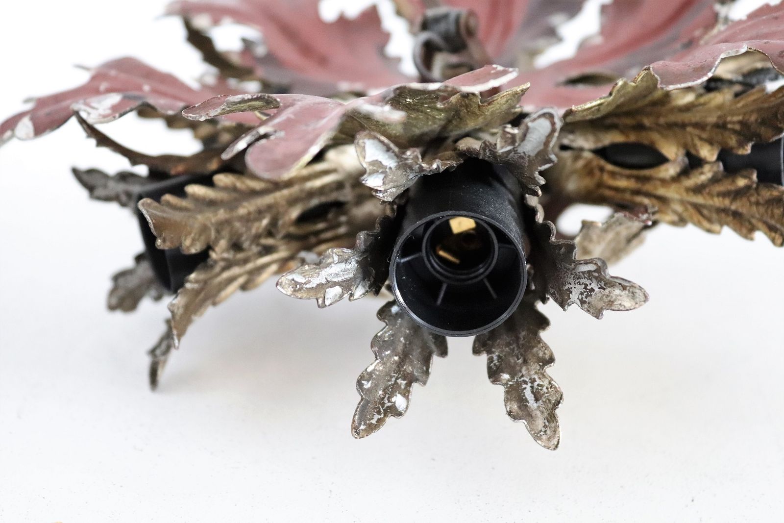 photo for sale Italian Mid Century Flush Mount Light Or Ceiling Lamp In Metal With Gilt Leaves For 6 Light Bulbs By Banci Florence, 1970s, Set Of 2