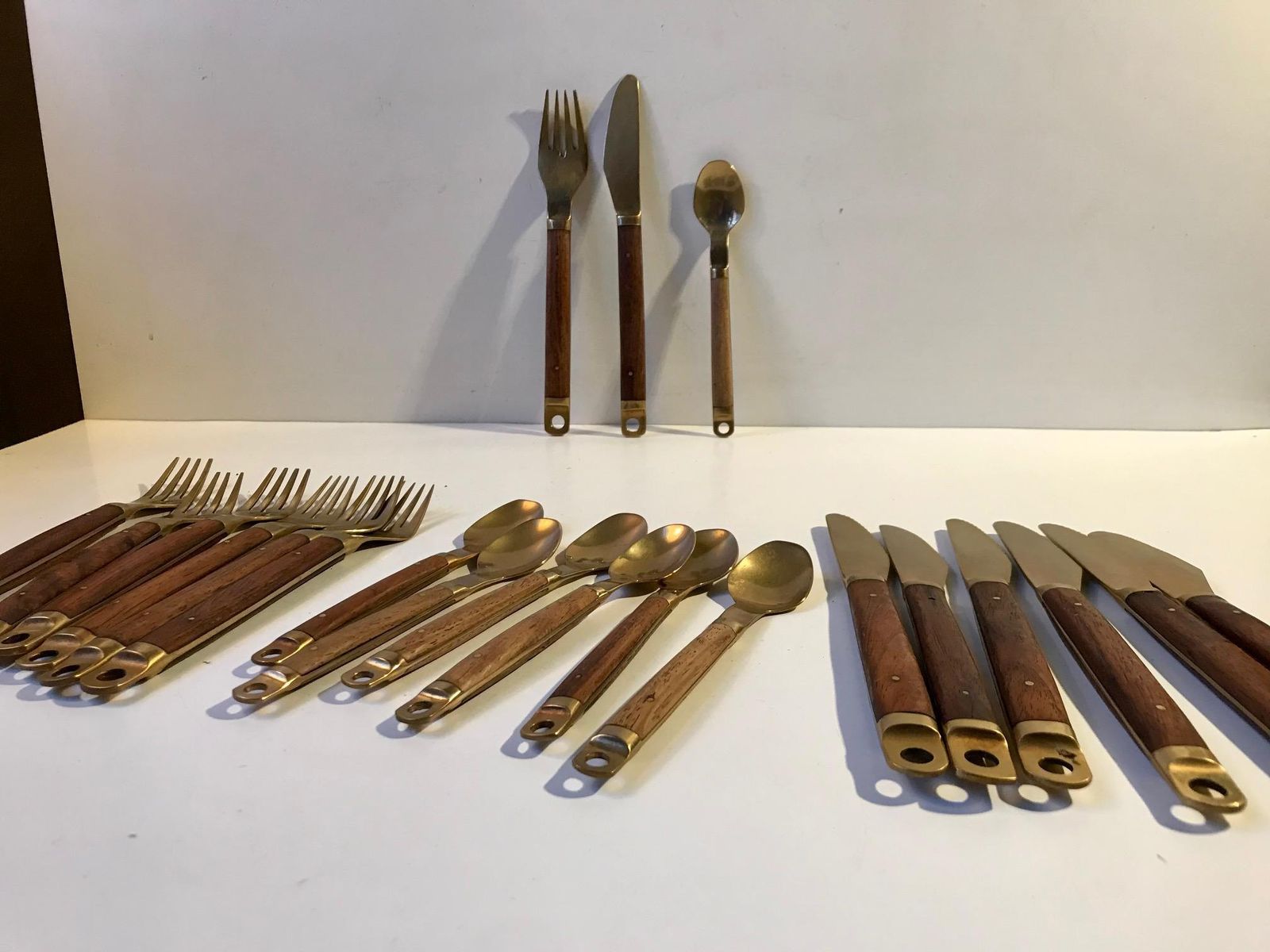 photo furniture Danish Modern Brass And Teak Cutlery Set From Carl Cohr, 1960s