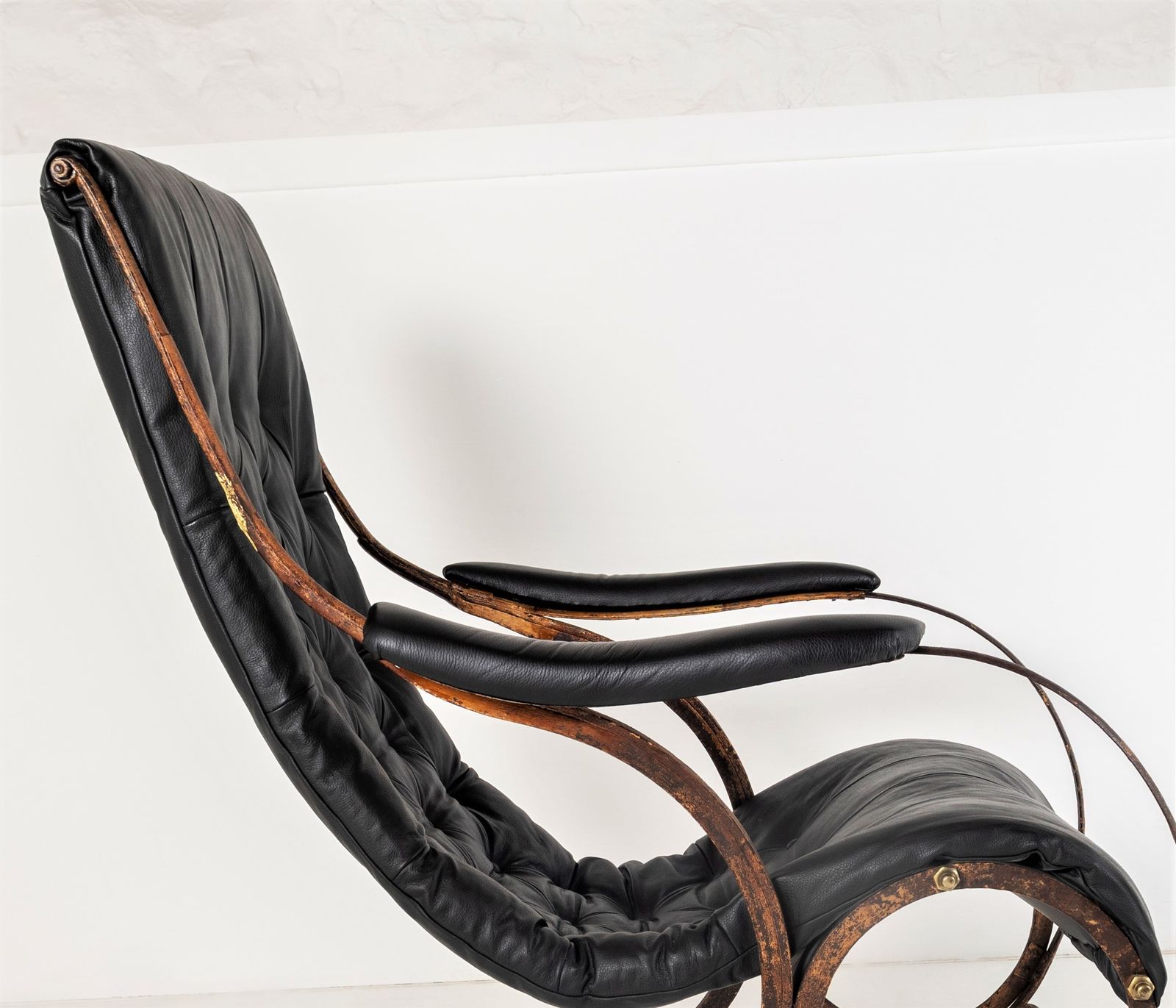 photo furniture Historic 19th Century Antique Iron Frame Leather Sling Rocking Chair By R W Winfield Of England