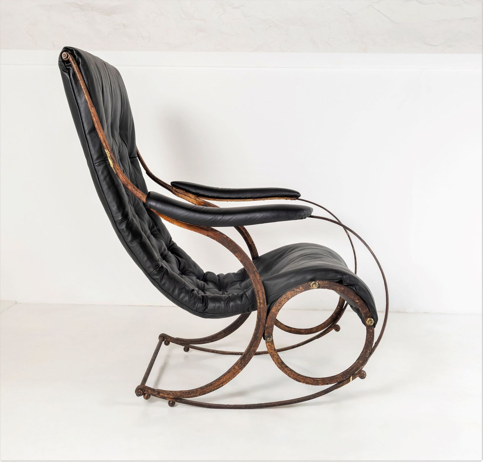 Furniture Historic 19th Century Antique Iron Frame Leather Sling Rocking Chair By R W Winfield Of England photo