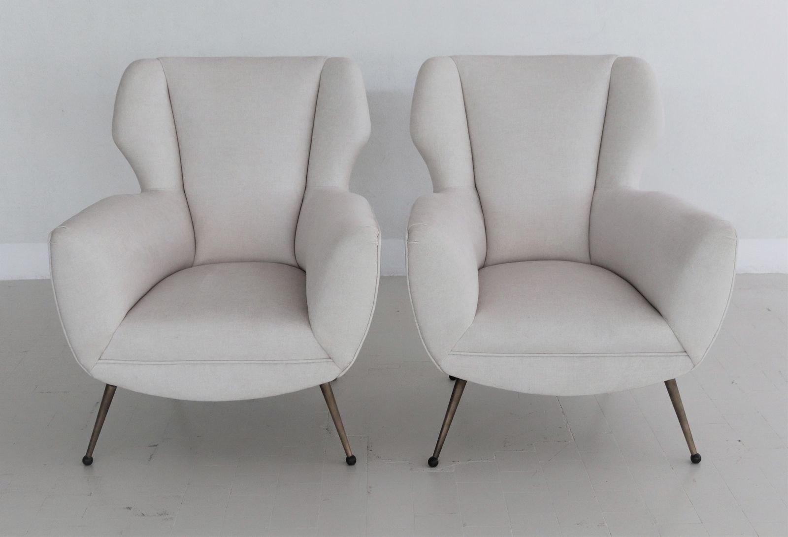 photo for sale Italian Midcentury Armchairs In White Velvet In Gigi Radice Style, 1950s