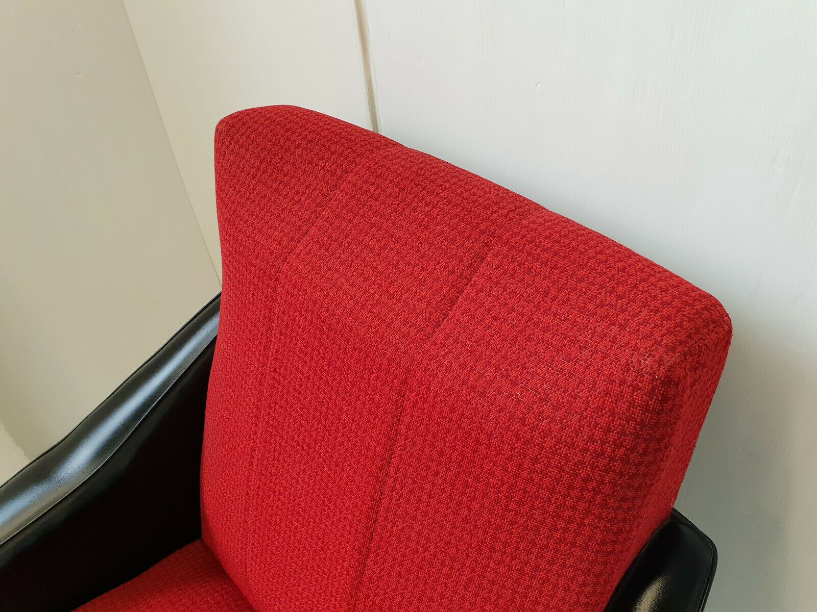 1950 1960 Armchair In Black Skai & Red Wool And Golden Brass photo vintage