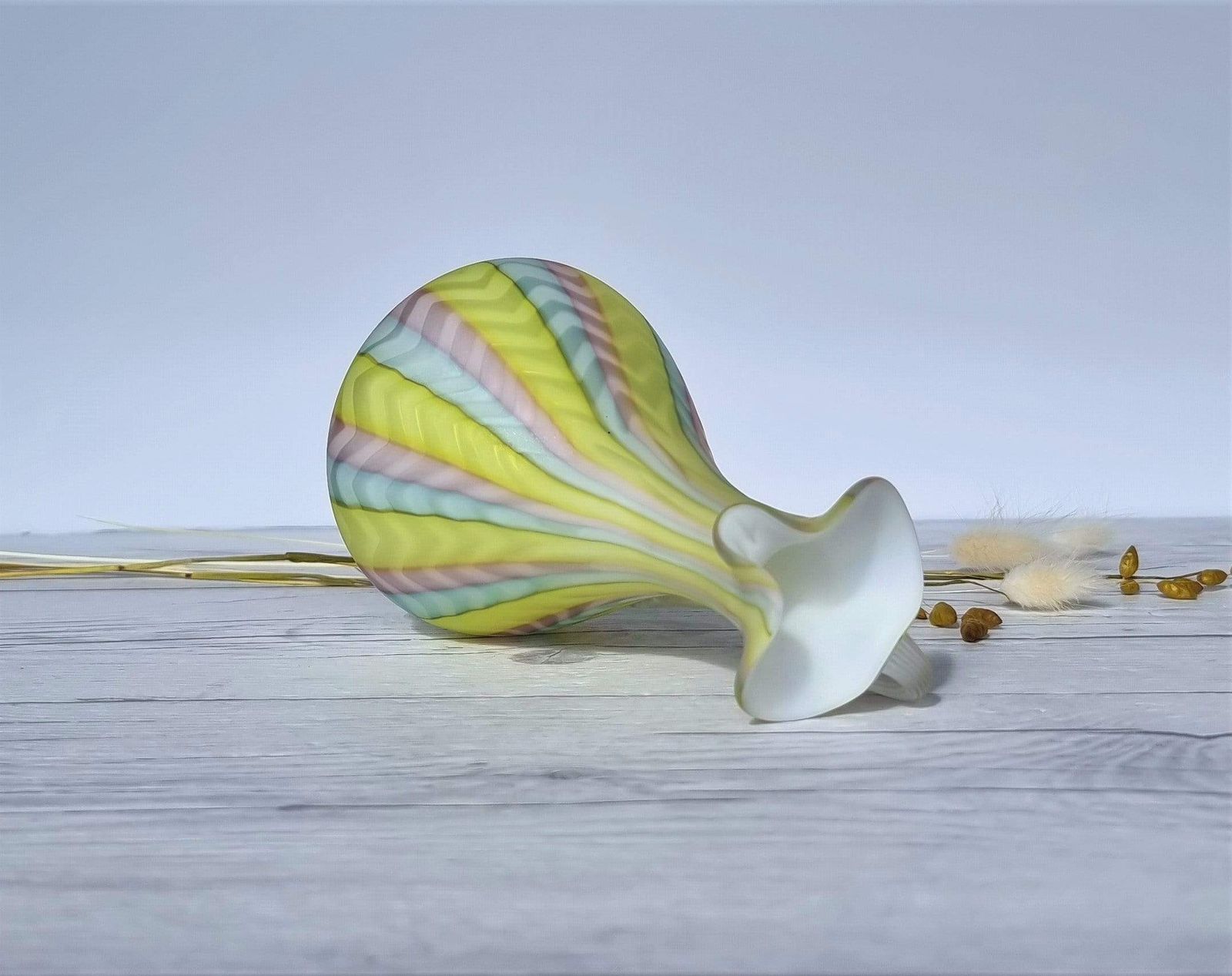 Home Decor Murano Mother Of Pearl Satin In Pastel Rainbow, Herringbone Pattern Jug Vase, 1960 70s, Rare photo