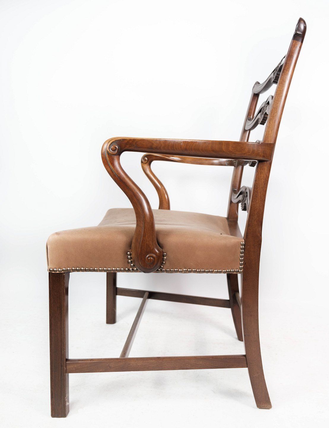 Antique Armchair Made Of Mahogany And Upholstered With Light Fabric From 1880s. photo furniture