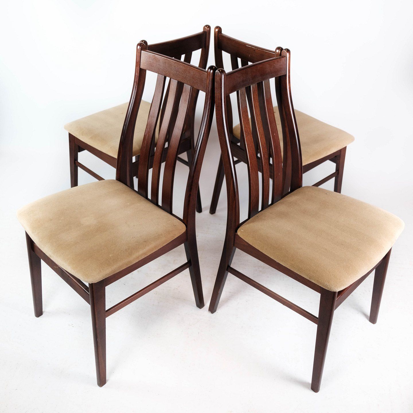 Set Of Four Dining Chairs In Mahogany And Upholstered With Light Fabric, Of Danish Design Made By Farstrup Møbler In The 1960s photo for sale