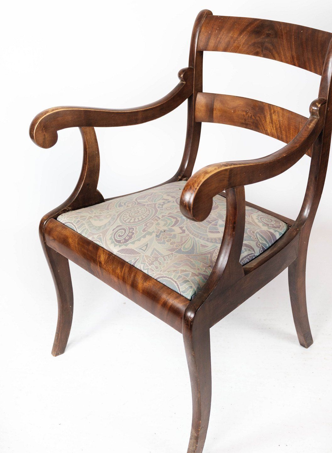 Late Empire Antique Armchair Of Mahogany And Upholstered With Light Fabric From The 1840s. photo for sale