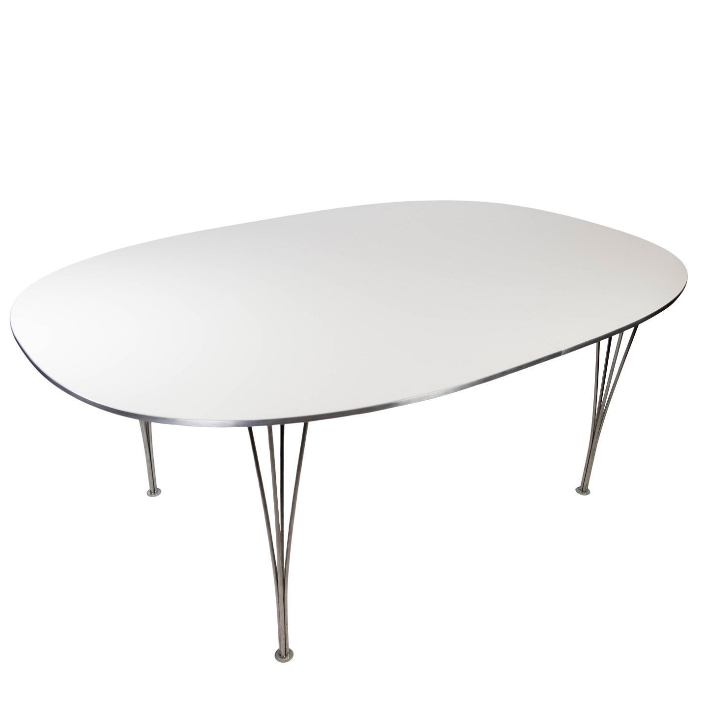 Super Ellipse Dining Table With White Laminate Designed By Piet Hein And Arne Jacobsen, And Manufactured By Fritz Hansen In 1998.