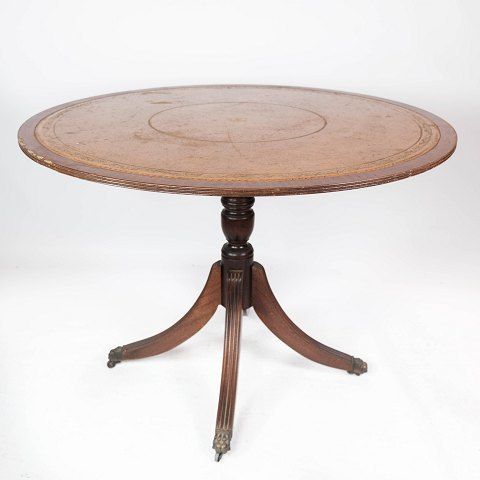 Antique Dining Table In Mahogany With Marquetry And Inlaid Leather From 1920s