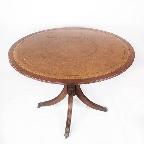 Antique Dining Table In Mahogany With Marquetry And Inlaid Leather From 1920s photo for sale