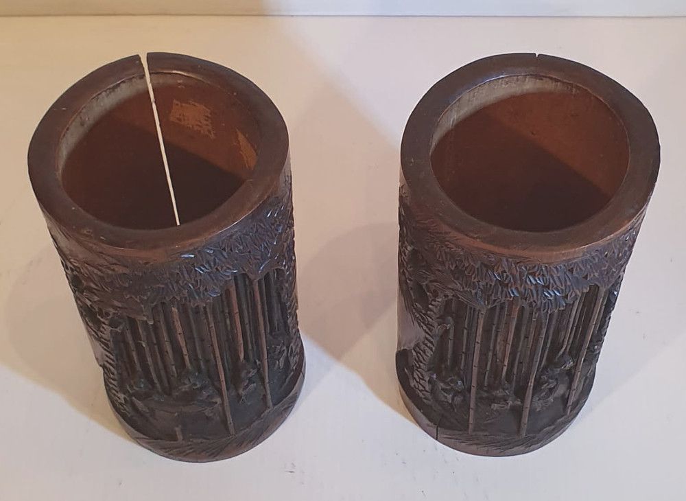 Lovely Pair Of 19th Century Chinese Carved Bamboo Brush Pots