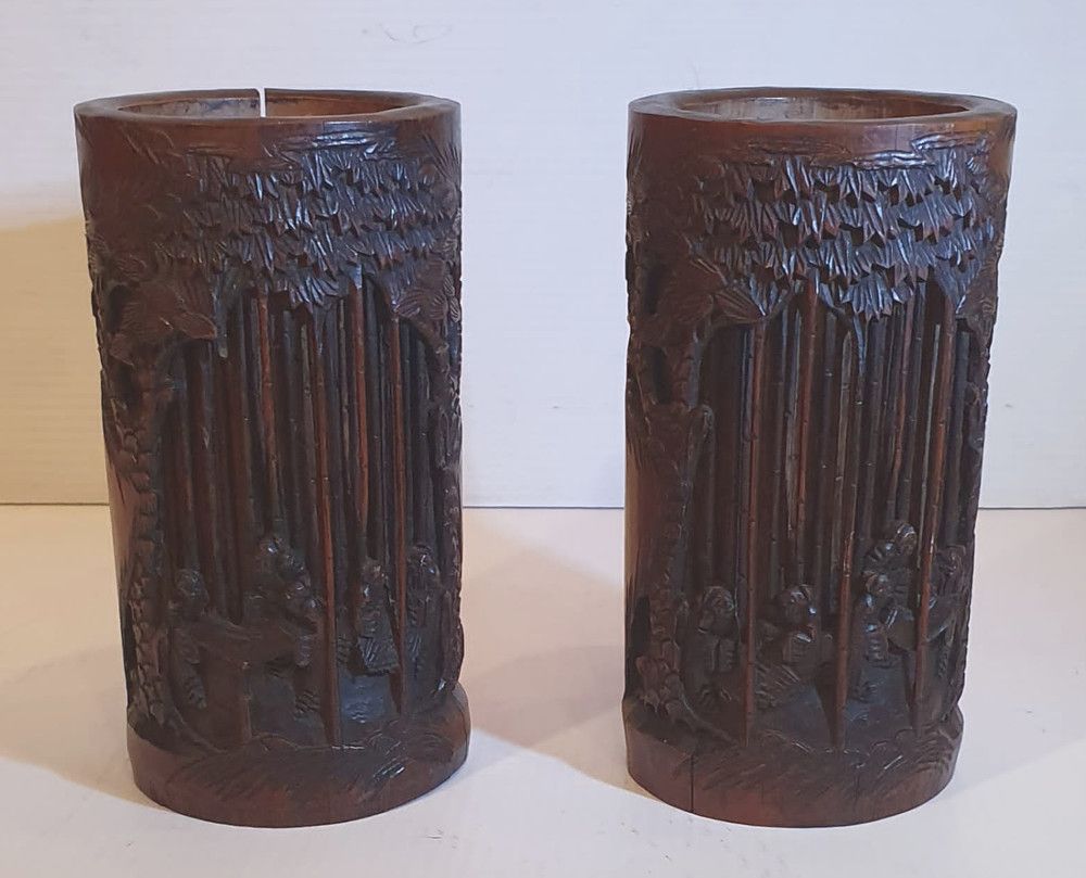 Lovely Pair Of 19th Century Chinese Carved Bamboo Brush Pots photo for sale