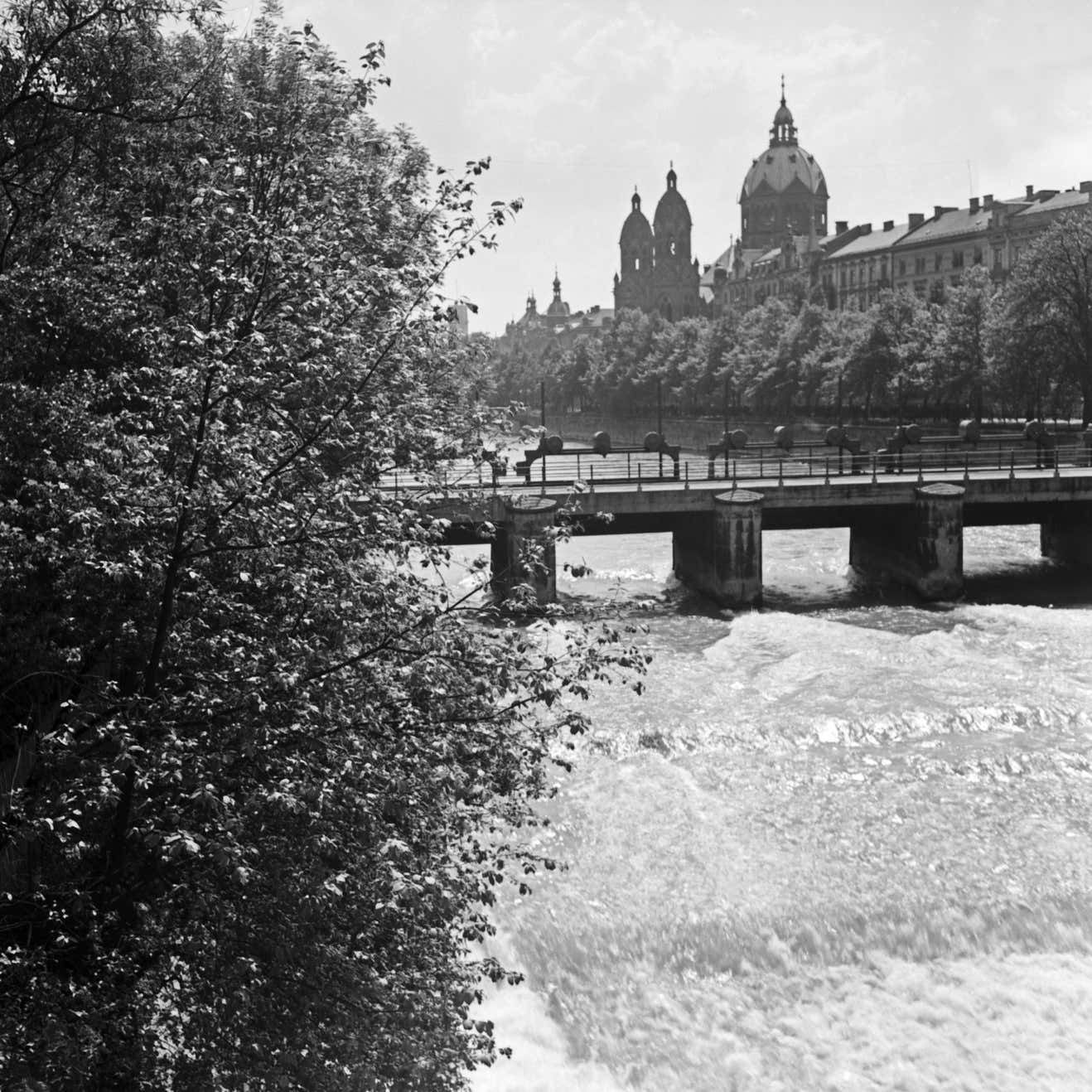 Karl Heinrich Lämmel Bridge At Isar View To Lutheran St. Lukas Church, Germany 1937, Printed Later 1937/2021