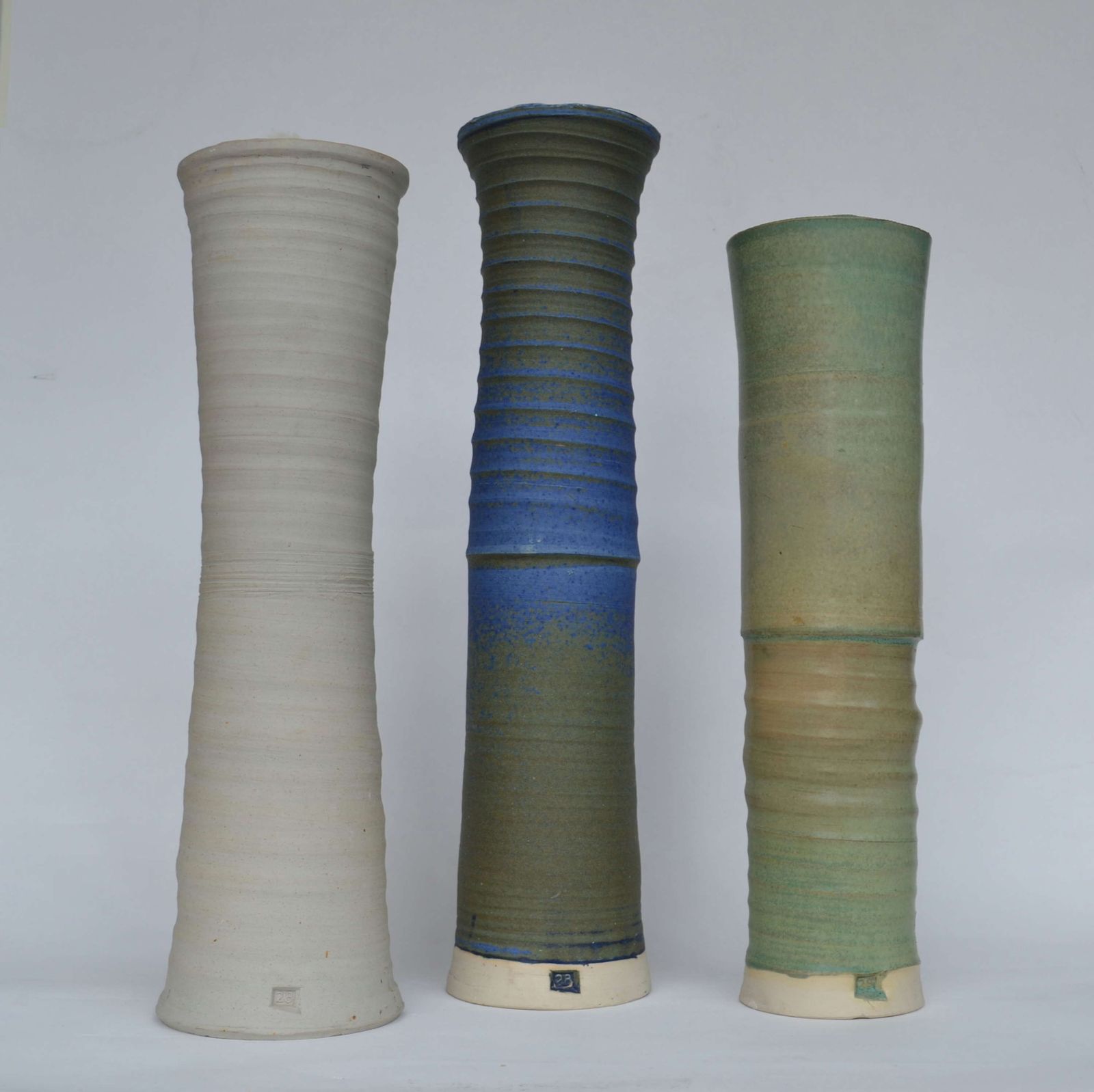 Three Large Studio Pottery Vessels In Blue, Green & Sand photo for sale