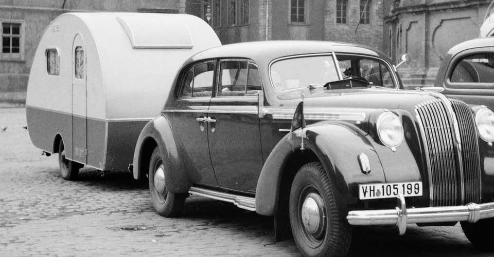Karl Heinrich Lämmel Car, Trailer At Heiligeistkriche Church Heidelberg, Germany 1938, Printed Later 1938/2021 photo furniture