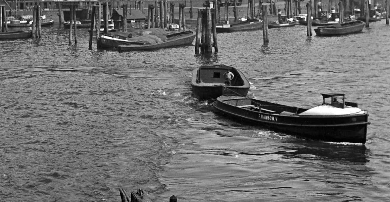 Karl Heinrich Lämmel Barges Boats At Hamburg Harbor To St. Nicolas Church Germany 1938 Printed Later 1938/2021 photo furniture