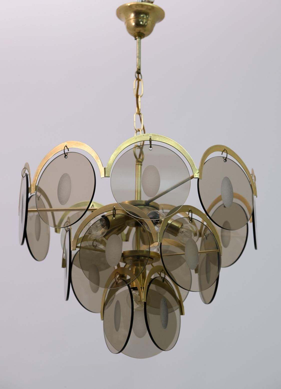 Gino Vistosi Mid Century Modern Amber Glass And Brass Chandelier photo vintage