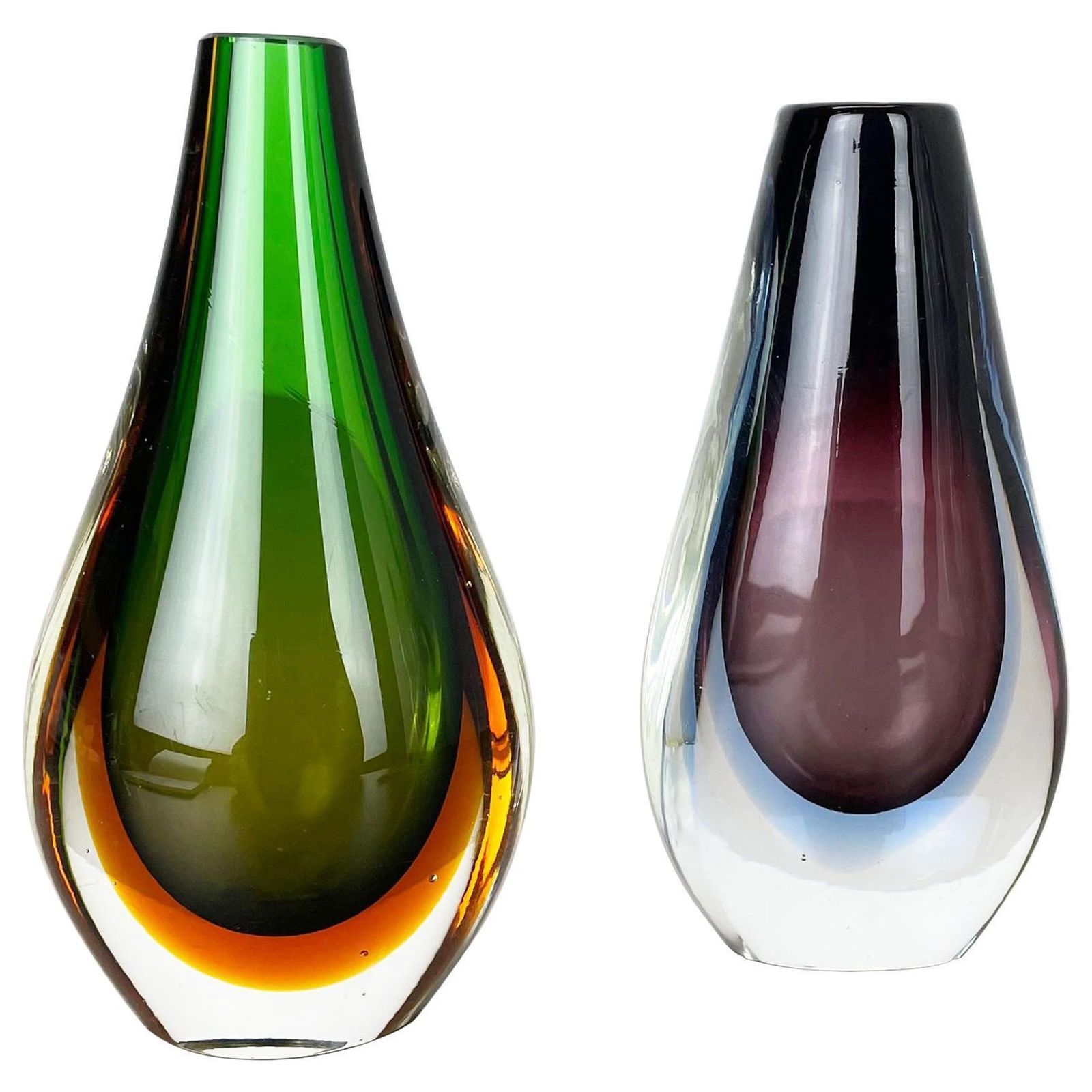 Rare Set Of 2 Organic Multicolor Murano Glass Sommerso Vases, Italy, 1970s photo furniture