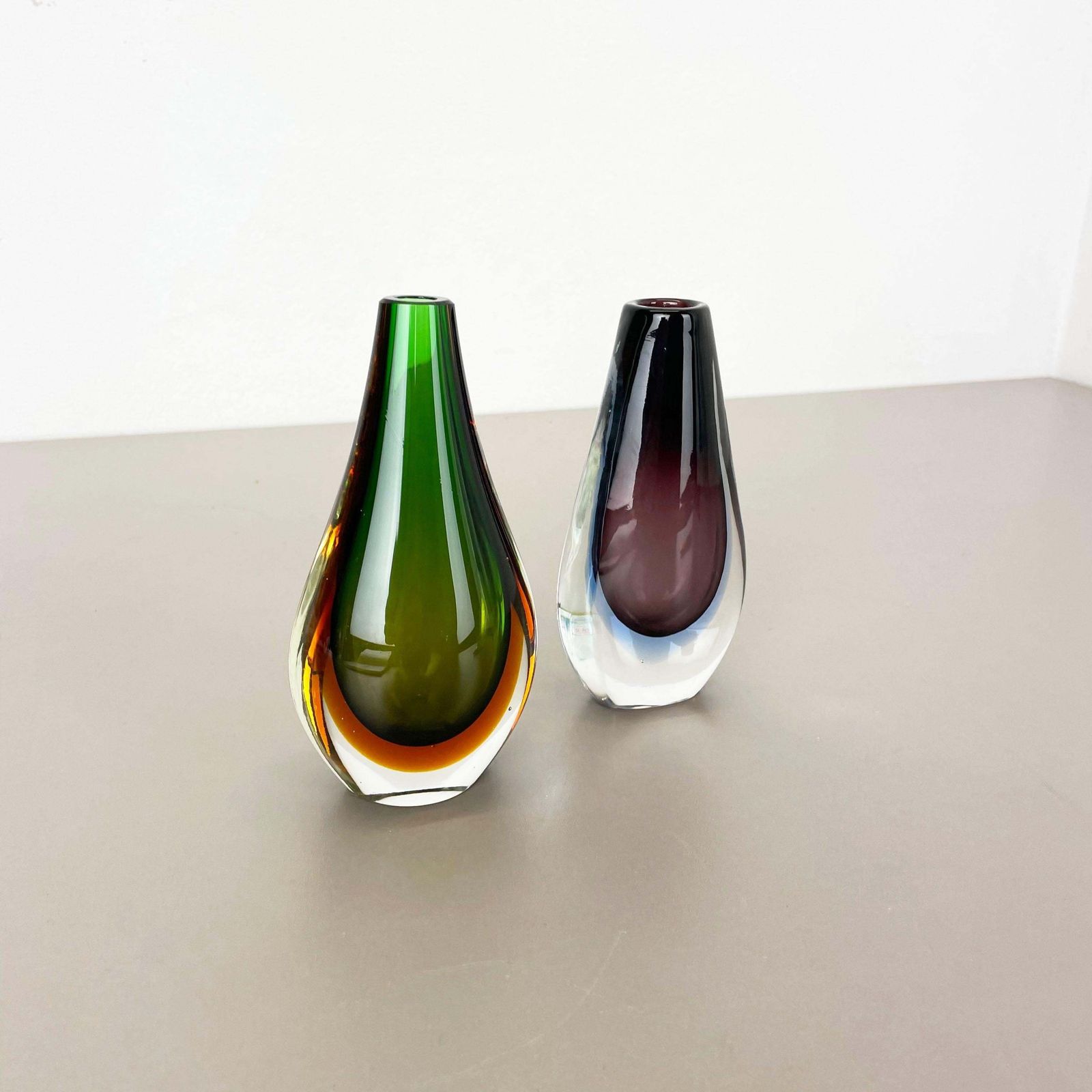 Rare Set Of 2 Organic Multicolor Murano Glass Sommerso Vases, Italy, 1970s photo for sale